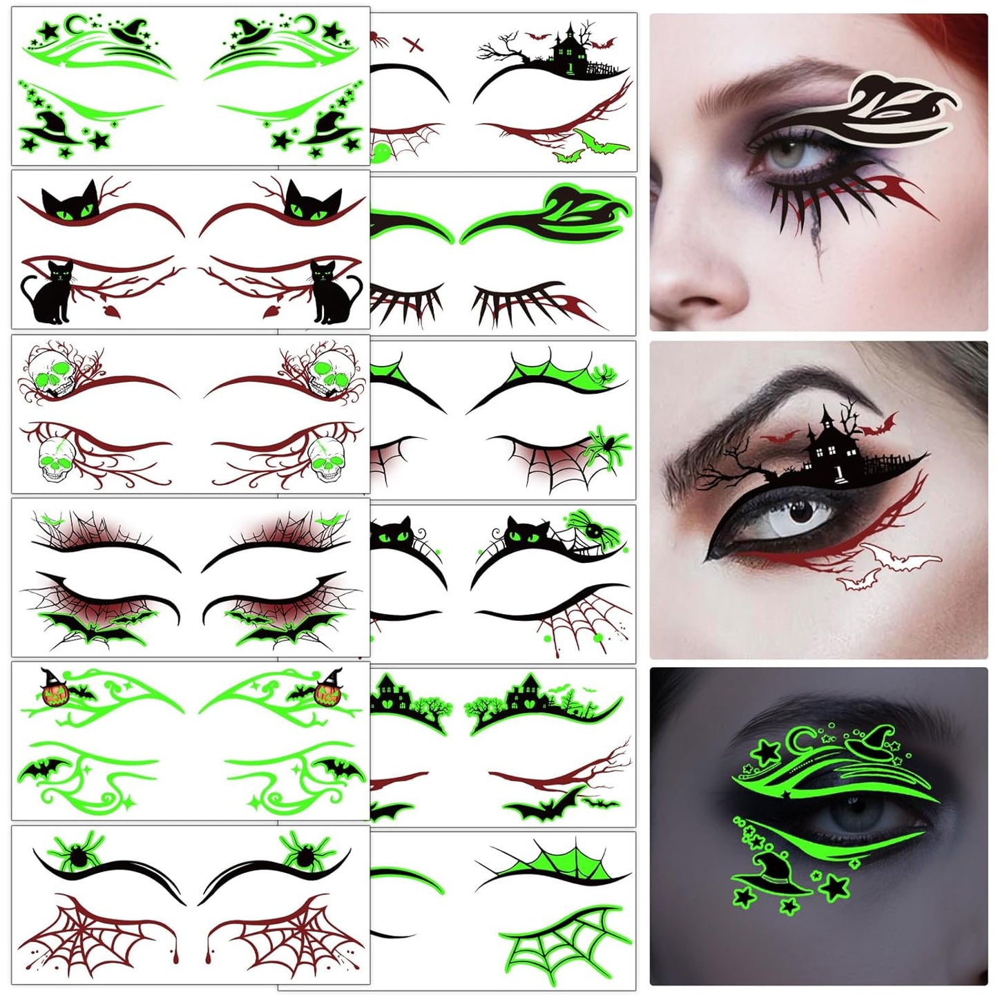12 Sheets Halloween Luminous Temporary Tattoo, Upper & Lower Lash Designs Waterproof with Scary Motifs for Men & Women Cosplay Party & Festive Looks & Stage Face Makeup Decoration