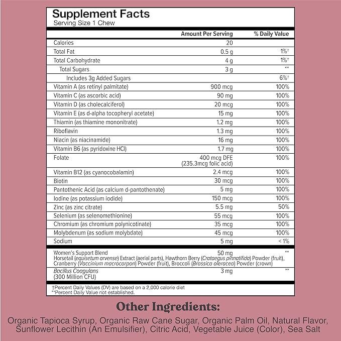 Chewsy Women's Multivitamin Chews, Immune & Energy Support, Vitamins C, B12, A, D, E, Folic Acid, Probiotics, Biotin, Cranberry, Adult Chewable Vitamin, Individually Wrapped Fruity Chews,30-Day Supply