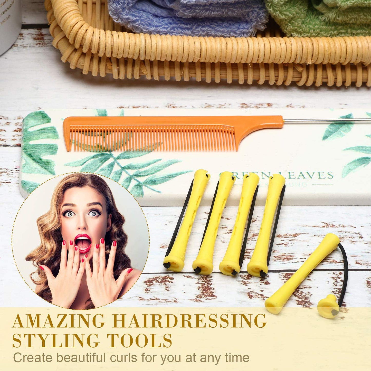 48 Pieces Hair Perm Rods Short Cold Wave Rods Plastic Perming Irons Hair Curling Rollers Curlers with Steel Pintail Comb Rat Tail Comb for Hairdressing Styling Supplies(0.28 Inch,Yellow and Orange)