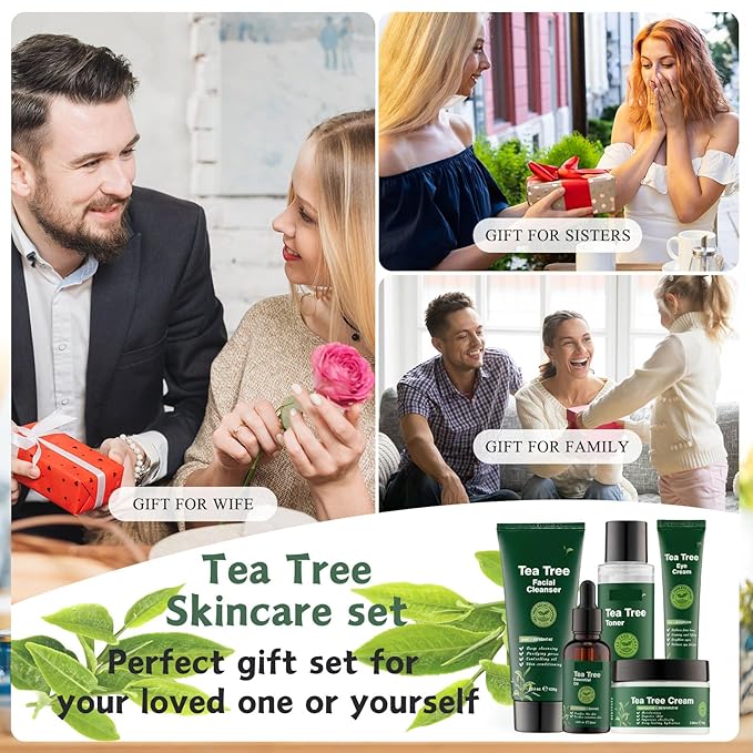 Tea Tree Skincare Set Mother's Day Gifts - 5 Pcs Skin Care Set - Skincare for Girls 10-12 - Skin Care for Teens 10-12 - Gift Set for Women with Cleanser,Toner,Face Cream,Eye Cream,Essential Oil
