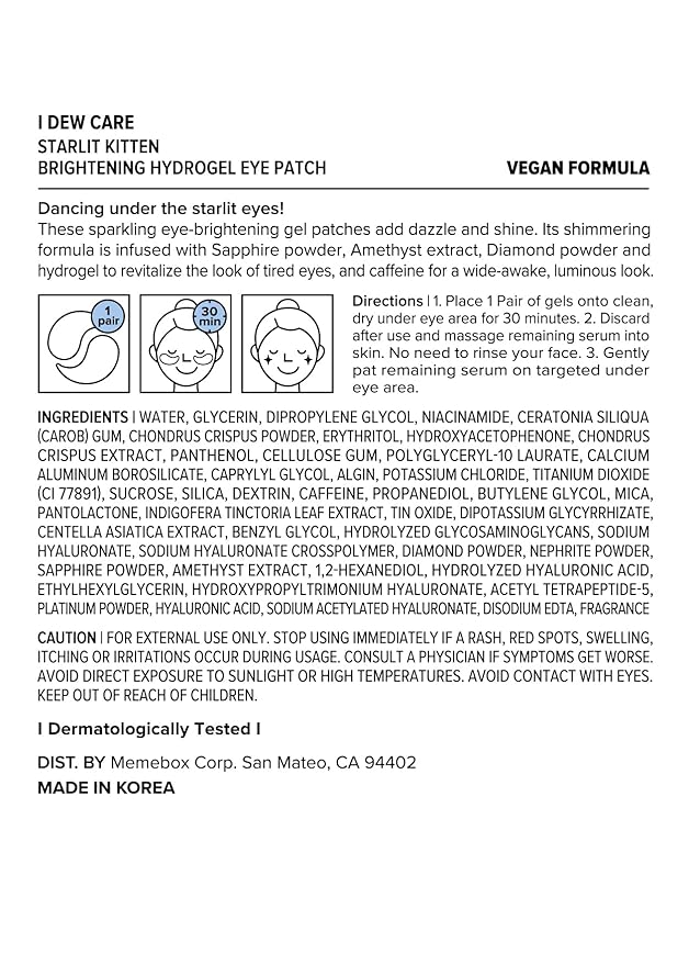 I DEW CARE Hydrogel Eye Patch - Starlit Kitten | Korean Under Eye Patches for dark circles and puffy eyes, Smooths Puffy Eyes, Eye wrinkle patches, Dermatologically Tested, (5 EA)