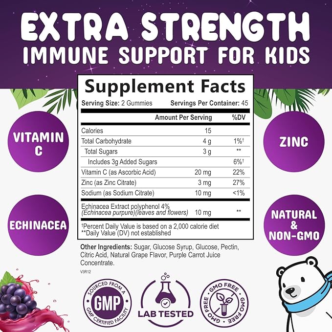 Kids Immune Support Gummy - Vitamin C, Zinc & Echinacea, Daily Children's Immune Support Gummies for Kids Ages 4 and Up, Nature's Vitamins for Kids, Vegan & Non-GMO, Natural Berry Flavor - 90 Gummies