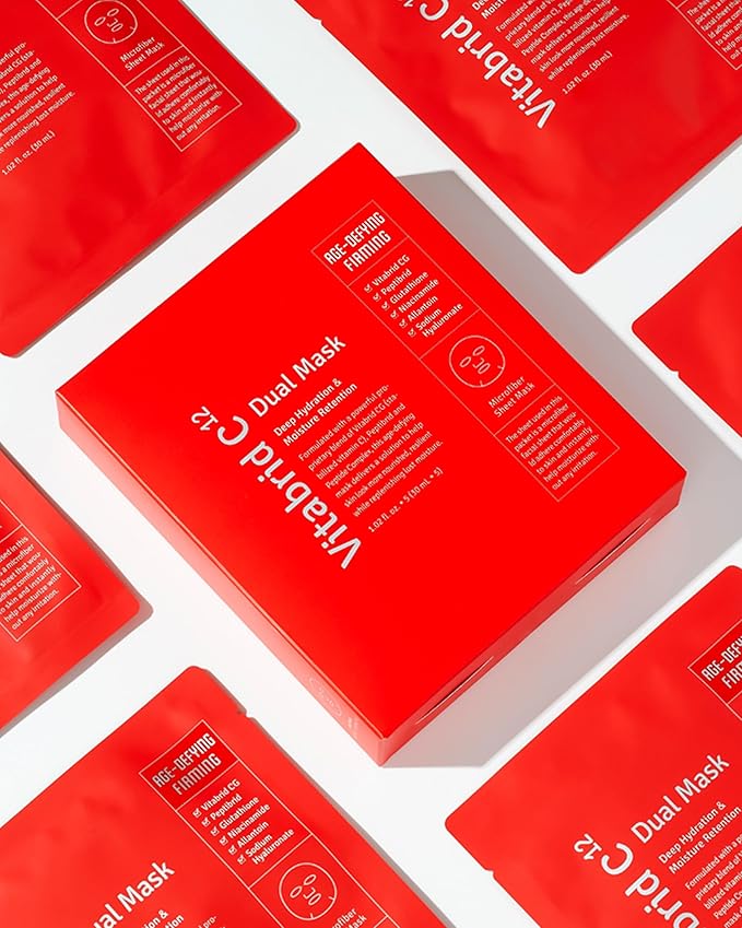 Dual Mask Korean Face Mask for Anti Aging, Firming, Hydrating, Nourishing with Highly Concentrated Peptide, Vitamin C Essence - Hypoallergenic Microfiber Sheet, 1.02 fl.oz. 5 Sheets