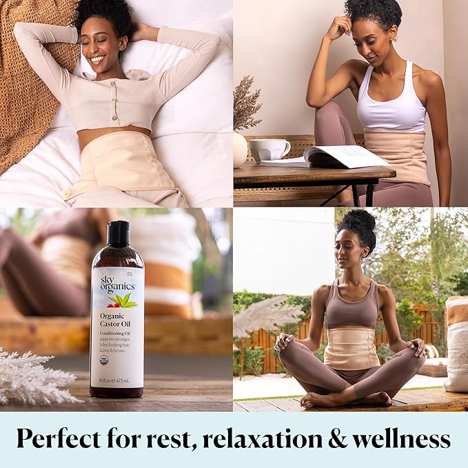 Sky Organics 16oz Castor Oil w/Wraps | Reusable Organic Castor Oil Pack to Boost Body's Wellness, Encourage Rest & Relaxation | Adjustable Elastic Straps Cotton Durable Easy to Use