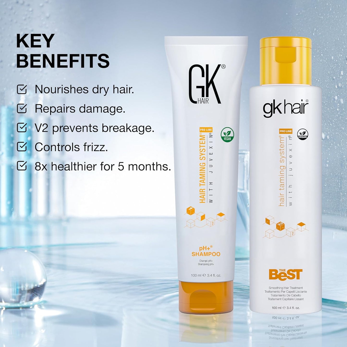GK HAIR Global Keratin Professional Brazilian Keratin Hair Treatment Kit (100ml/3.4 Fl. Oz.) With PH shampoo- The Best Smoothing & Strengthening to make Hair Healthy - Formaldehyde free, Sulfate-free