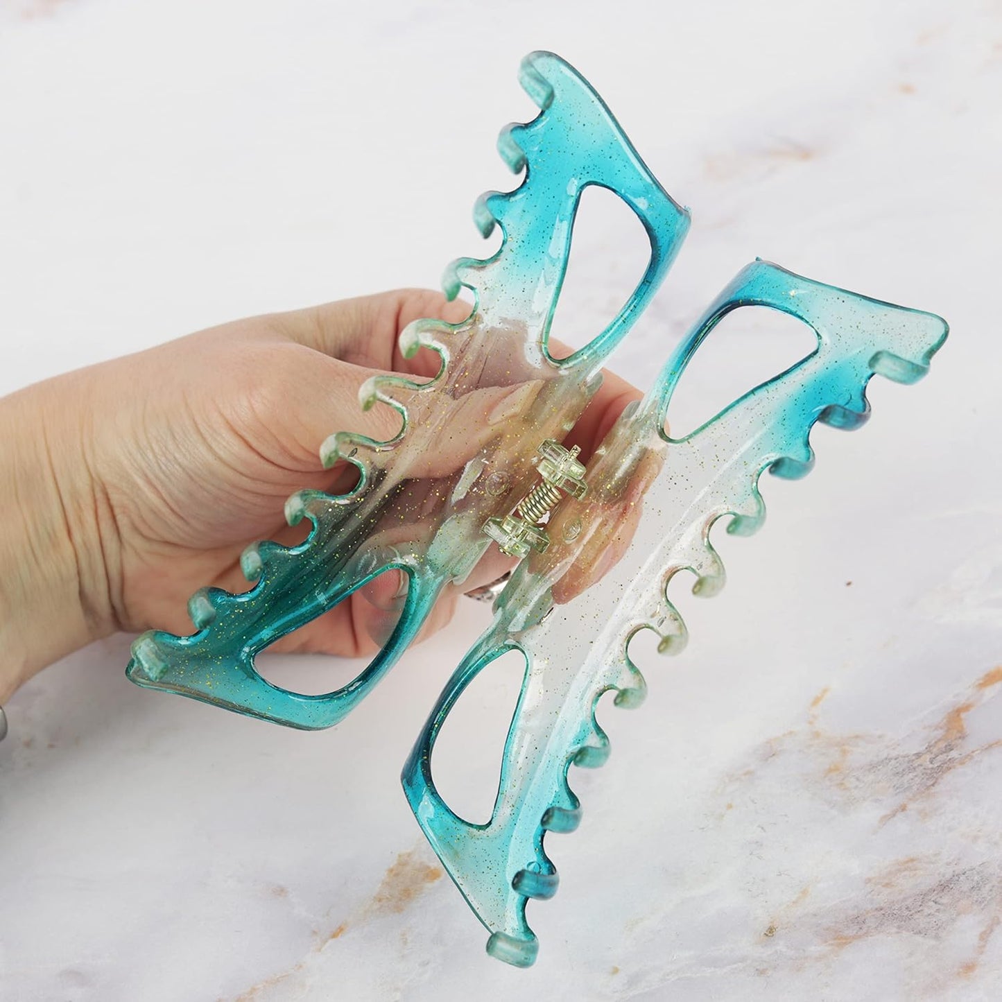 Women's Jumbo Jaw Clip Extra Large Marbelized Hair Claw (Glitter Turquoise)