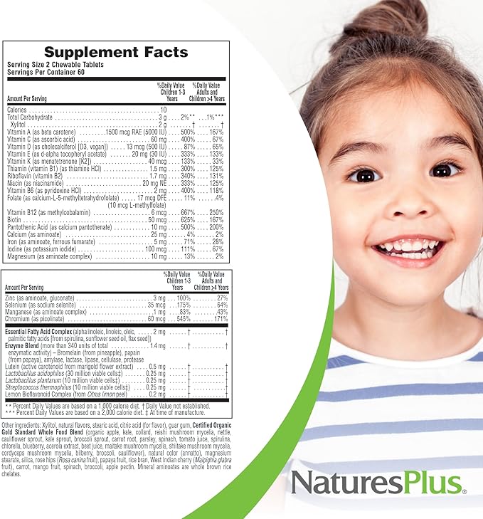 Natures Plus Animal Parade Source of Life Gold Children's Multivitamin - Orange Flavor - 120 Chewable Animal Shaped Tablets - Immune Support Supplement - Gluten-Free - 60 Servings