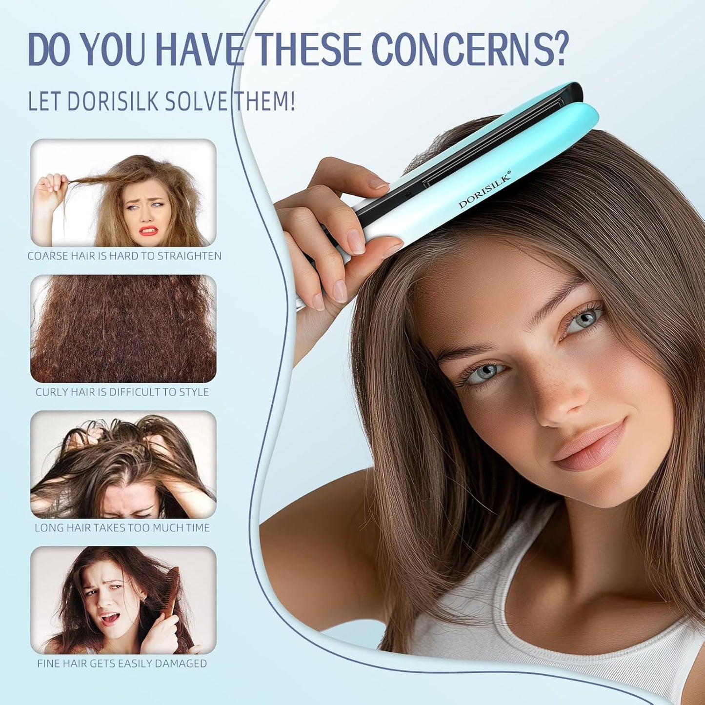 DORISILK Dual Voltage Flat Iron 1 Inch, Ceramic Hair Straightener and Curler 2 in 1, 450β Straightening Iron for Thin Thick Hair, Frizz-Free Smooth Tech 30s Fast Heat Gift for Women Girls, Blue White