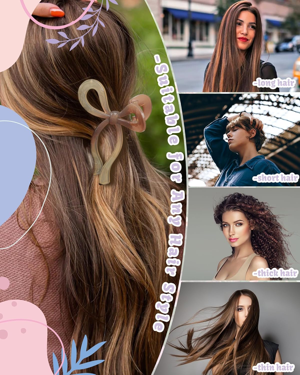 4 PCS Bow Hair Clips Bow Claw Clip for Women Nonslip Large Hair Claw Clips for Thin and Thick Hair Strong Hold Hair Bows (Light Brown+Light Pink+Khaki+Gray)
