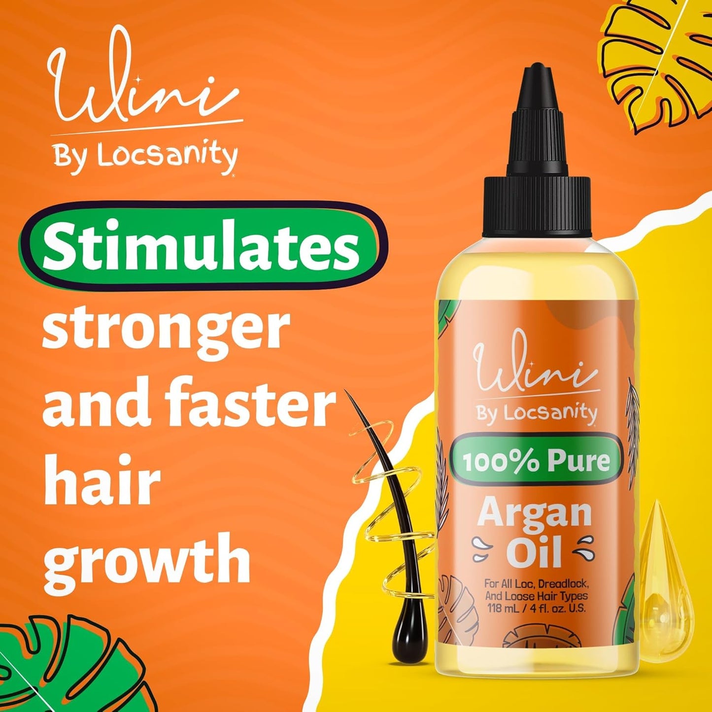 Locsanity Wini Pure 100% Cold Pressed Organic Argan Oil for Hair and Body | Non-GMO | Unscented - 4 fl oz: Moisturizing Oil for Hair Growth, Skin Hydration, Nail Care & Frizz Control