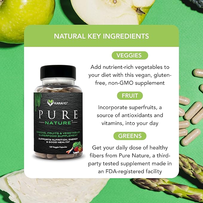 KaraMD Pure Nature | Greens, Fruits & Vegetables Whole Food Supplement | Vitamins, Fiber & Antioxidants | Support Energy & Digestion | Non-GMO, Gluten Free & Vegan Friendly | 2 Pack