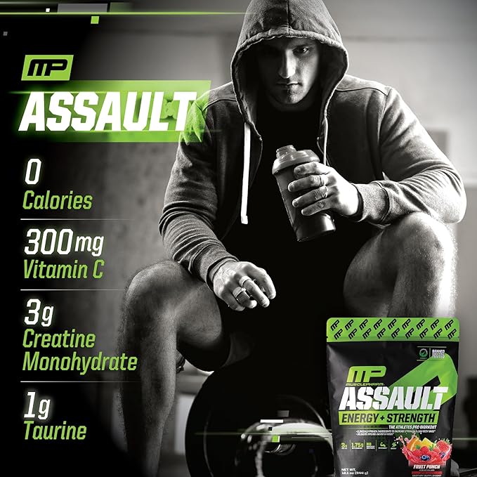 Muscle Pharm Assault Energy & Strength Pre Workout Powder for Men & Women with Beta Alanine, Caffeine, Creatine & Betaine Anhydrous, Pre-Workout Supplements, 30 Servings, Fruit Punch Flavor