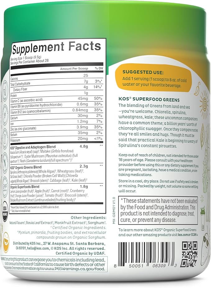 KOS Organic Superfood Greens Powder 28 Servings