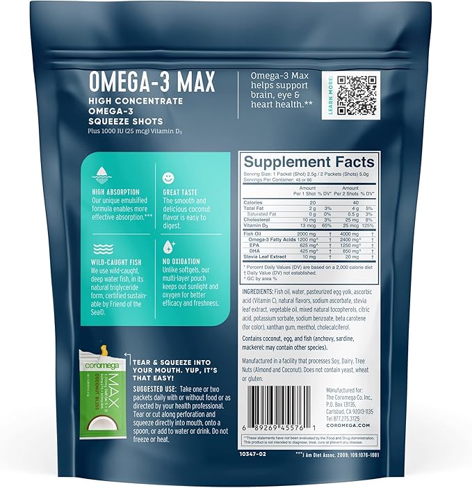 Coromega MAX High Concentrate Omega 3 2400mg Omega-3s Omega-3s with 3X Better 60 Single
