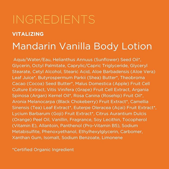 Andalou Naturals Vitalizing Body Lotion, Mandarin Vanilla Body Moisturizer, 8 Oz, Shea Butter, Cocoa Butter, Argan Oil, Rosehip Oil & Aloe Vera, Vegan