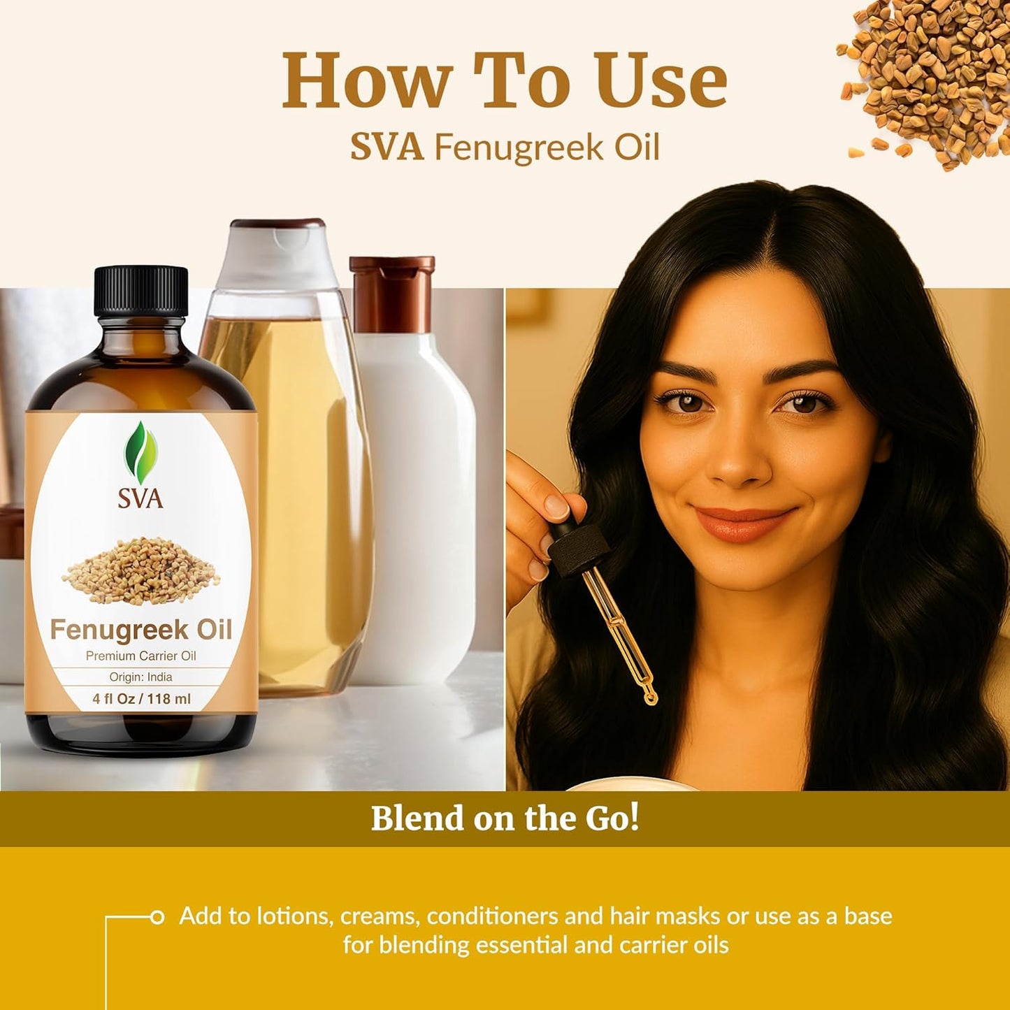 SVA Fenugreek Oil 4oz (118ml) Premium Carrier Oil with Dropper for Hair Care, Hair Oiling, Scalp Massage & Skin Care