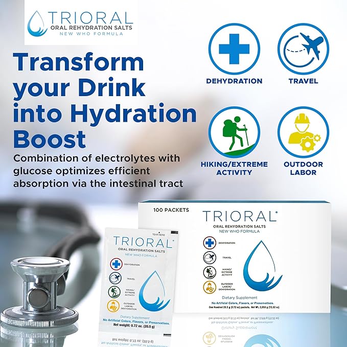 TRIORAL Rehydration Electrolyte Powder - WHO Hydration Supplement Salts Formula - Combat Dehydration from Workouts, Fluid Loss and Much More - 100 Drink Mix Packets