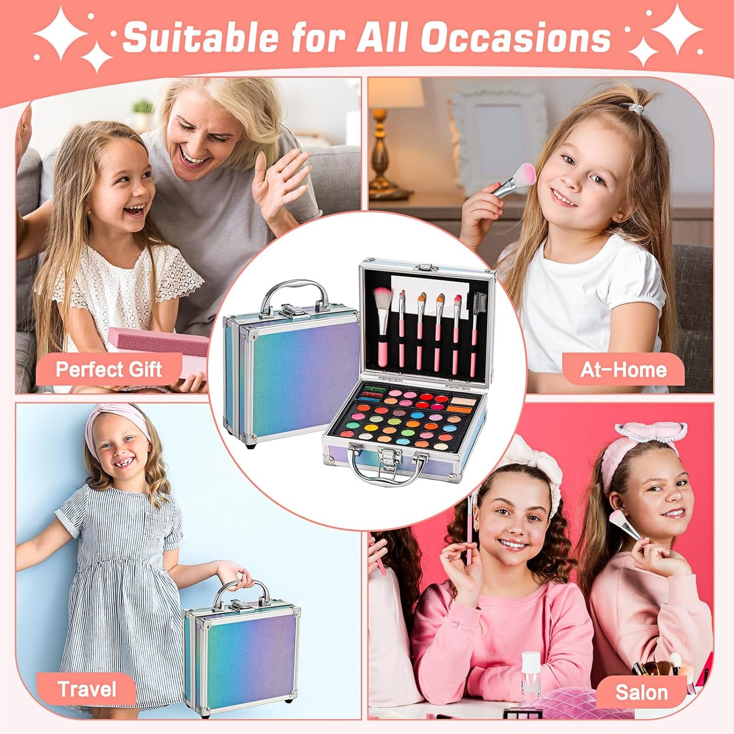 Anpro All-in-One Makeup Carry Case with Pro Teen Makeup Set, Full Starter Cosmetics Kit with Makeup Brushes, Eye Shadows Palette, Blushes, Glitter Gel, Temporary Tattoo Stickers - Pink, Style01