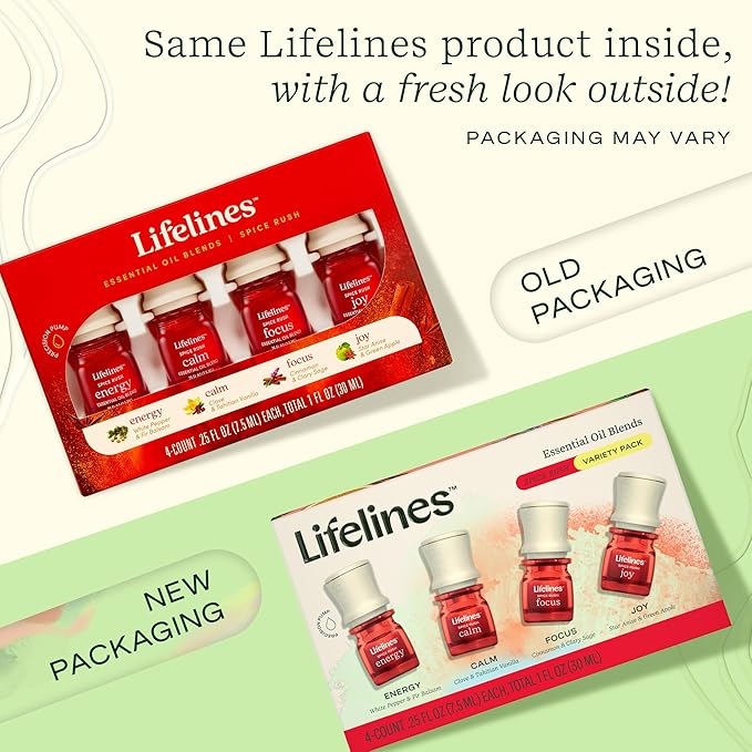 Lifelines Essential Oil Blends, 4-Pack - Blended Essential Oils with Precision Pump for Aromatherapy Diffusers - Long-Lasting Scented Fragrance - Spice Rush (Joy, Calm, Focus & Energy)