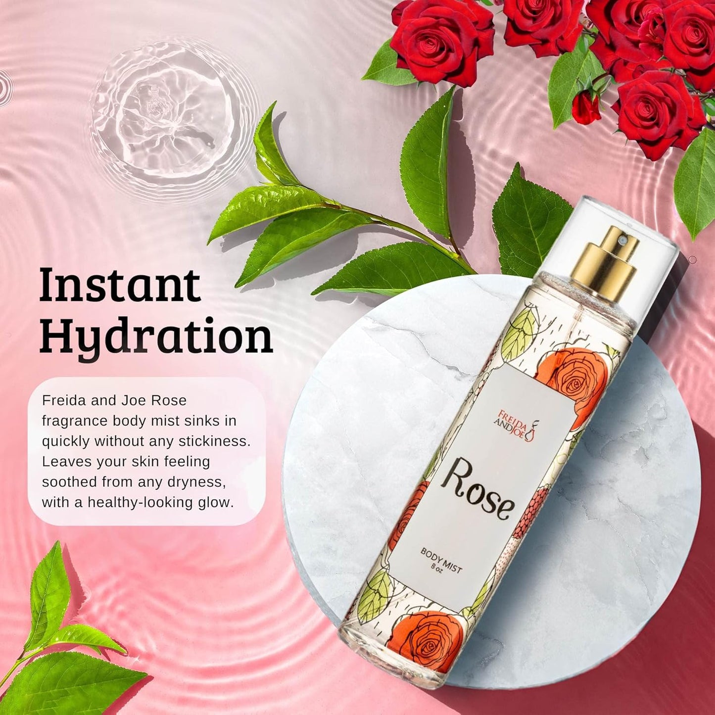 Freida and Joe Rose Elegance Fine Fragrance Body Mist Spray Capturing Timeless Allure of Blooming Roses, 8 oz Spray Bottle Ideal for Gifting, Stocking Stuffer