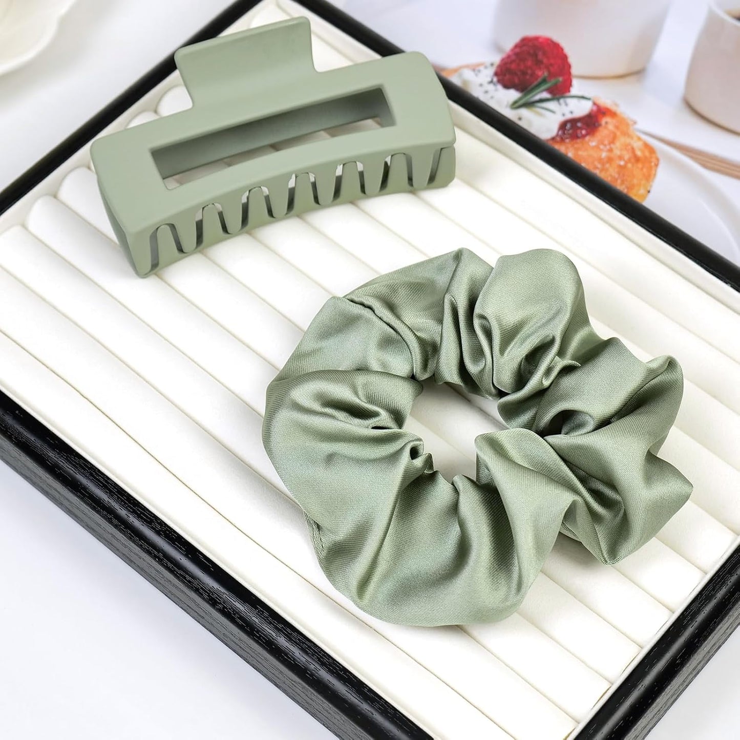 8Pcs Green Hair Clips and Scrunchies Set - Square Hair Claw Clips for Women, Medium Non-Slip Matte, Large Satin Scrunchies for Thick Thin Hair Accessories, Gift for Her