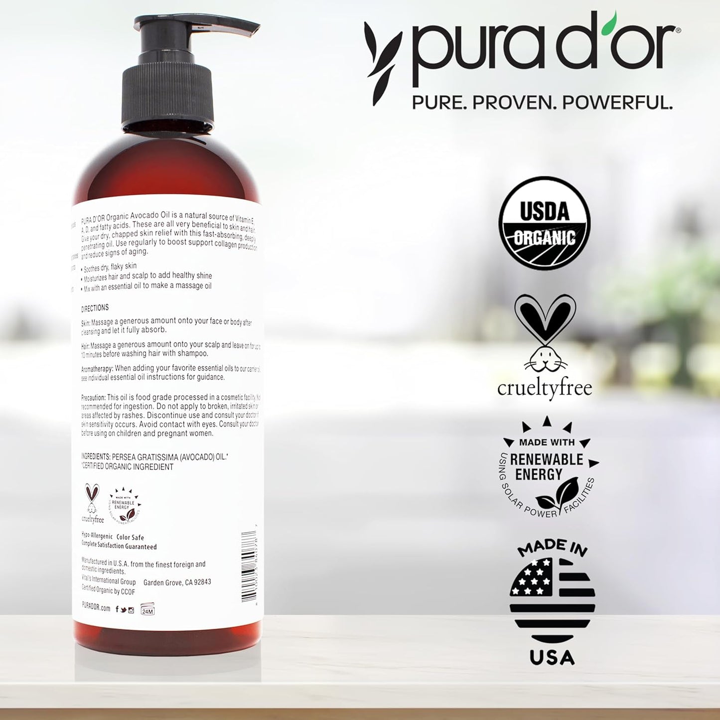 PURA D'OR 16 Oz ORGANIC Avocado Oil - 100% Pure & Natural USDA Certified Cold Pressed Carrier Oil For DIY Beauty, Non-Greasy, Unscented, Hexane Free Liquid Moisturizer - Face Skin & Hair - Men & Women
