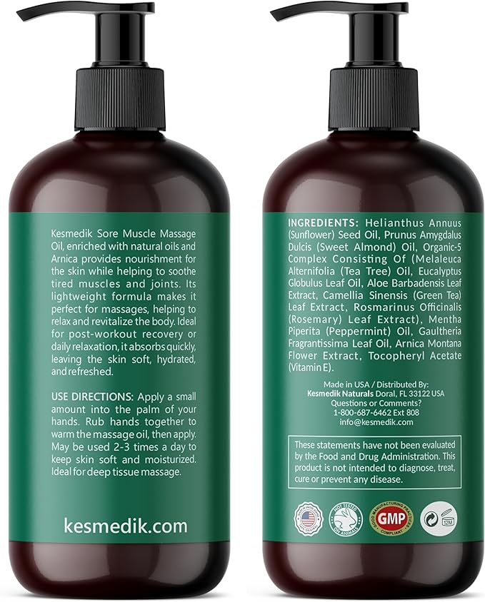 Sore Muscle Massage Oil with Arnica, Tea Tree & Eucalyptus Oils, Massage Oil for Massage Therapy, Muscle Relief, Relaxation, Tension & Skin Softening for Professional & Home Use (Pack of 2)