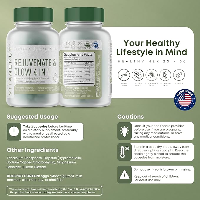 Beauty Sleep & Skin Glow Supplement – 4-in-1 Nighttime Support with L-Glutathione, Hyaluronic Acid, L-Theanine & Chamomile – Vegan, Made in USA, 56 Capsules