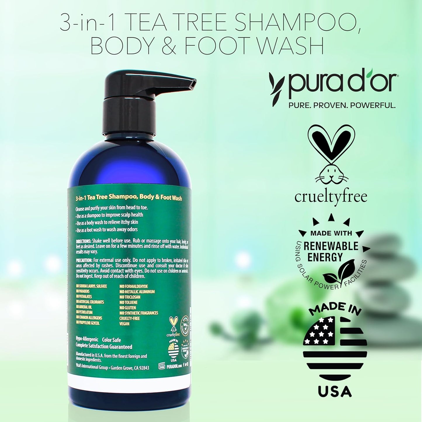 PURA D'OR 3-in-1 Tea Tree Shampoo, Body & Foot Wash, Shampoo (16oz x2 = 32oz) Total Body Care - Foot Odor & Daily Hygiene, Cleansing Routine, Post-Workout Refreshment - Soothes, Invigorates, Nourishes