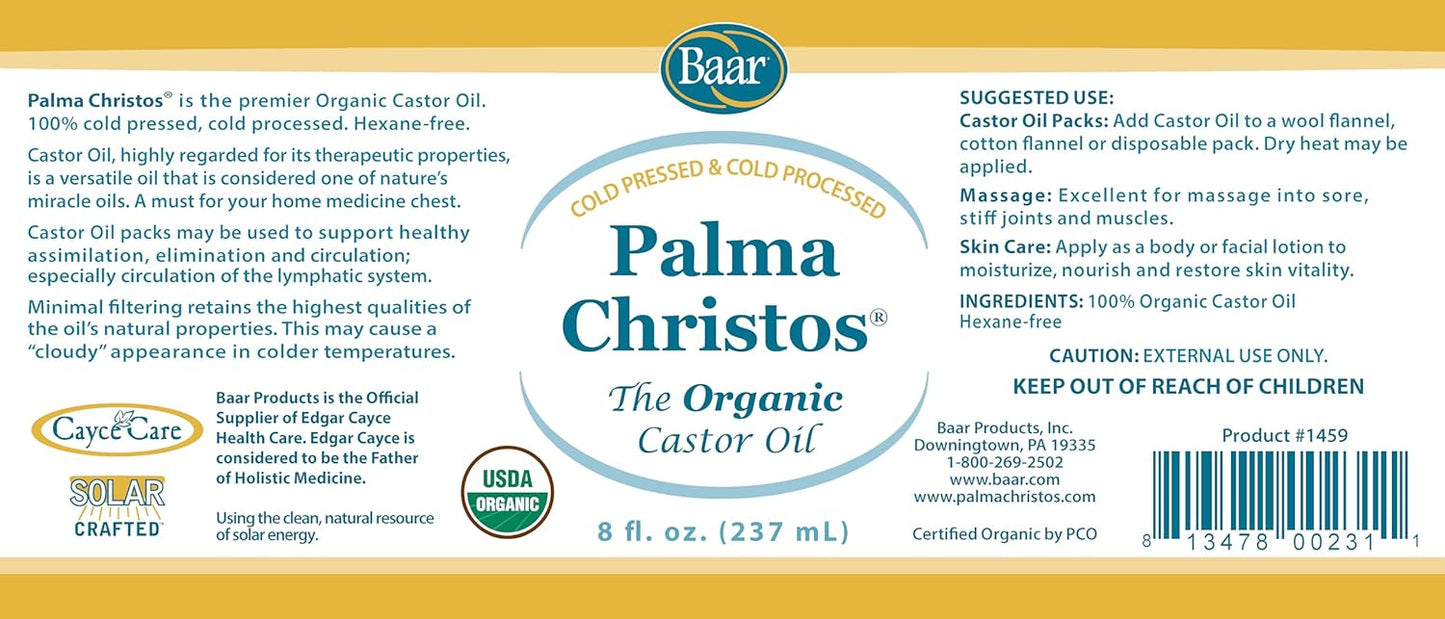 Baar Palma Christos Organic Castor Oil, Cold-Pressed, Hexane-Free, USDA Certified, for Skin, Hair, Massage & Castor Oil Packs, Glass Amber Bottle, 8 oz. (Pack of 2)