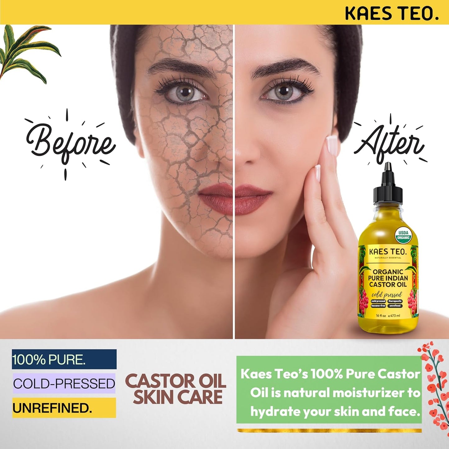 Cold Pressed Organic Castor Oil Hexane Free - 16 Fl Oz - 100% Pure, Natural - Premium Grade Carrier Oil for Hair Growth, Eyelashes and Eyebrows, Skin, Nails, Face & More, Castor Oil Packs