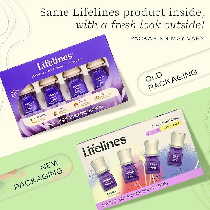 Lifelines Essential Oil Blends, 4-Pack - Blended Essential Oils with Precision Pump for Aromatherapy Diffusers - Long-Lasting Scented Fragrance - in Bloom (Joy, Calm, Focus & Energy)