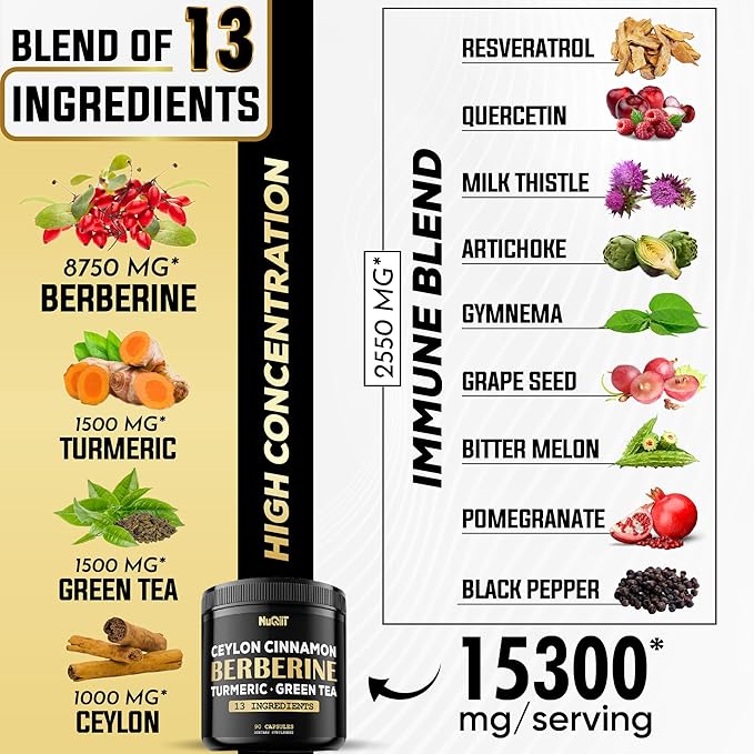 Berberine Supplement 8750mg Turmeric Curcumin 1500mg 1500mg & 90 Capsules 3 Months