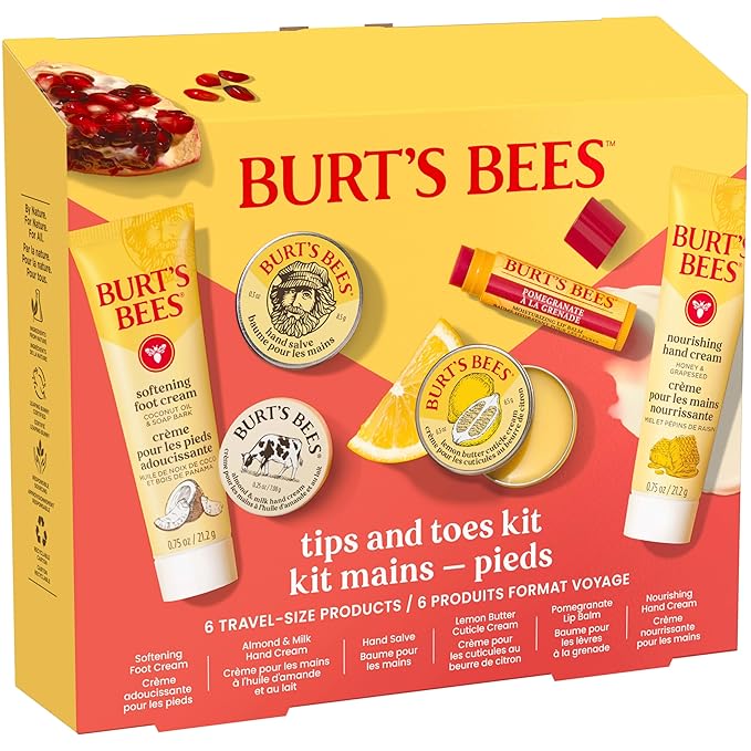 Burt's Bees Gifts Ideas, Tips and Toes Kit, 6 Travel Size Products - Pomegranate Moisturizing Lip Balm, 2 Hand Creams, Foot Cream, Cuticle Cream, and Hand Salve