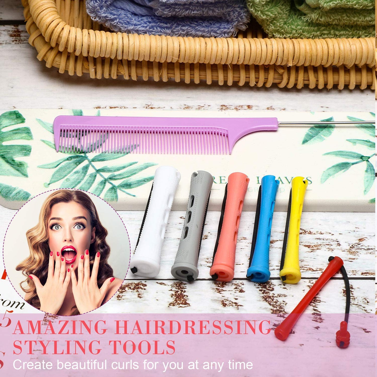 WILLBOND 72 Pieces Hair Perm Rods Set, Short Plastic Perming Rods Cold Wave Rods 6 Sizes Hair Curling Rollers with 1 Piece Steel Pintail Hair Comb for Hairdressing Hair Styling