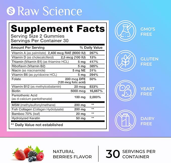 Biotin Collagen Gummies โ Hair Skin and Nails Vitamins for Women & Men โ Hair Growth Vitamins: B1, B2, B3, B5, B7, B9, B12, Collagen, Keratin, Vitamin A & D โ Hair Growth Supplement โ 60 Gummy Bears