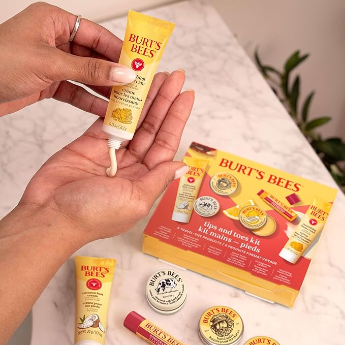 Burt's Bees Gifts Ideas, Tips and Toes Kit, 6 Travel Size Products - Pomegranate Moisturizing Lip Balm, 2 Hand Creams, Foot Cream, Cuticle Cream, and Hand Salve