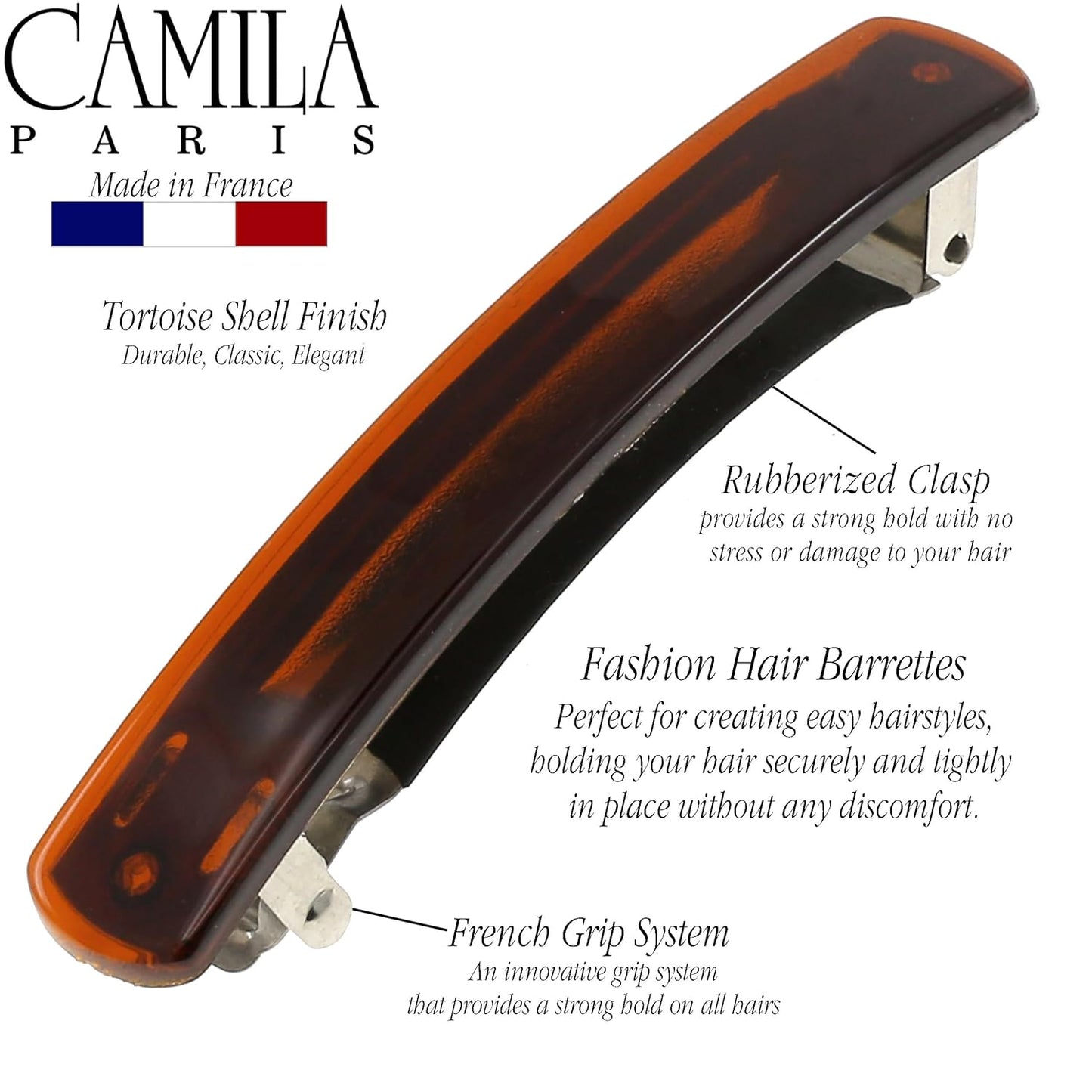 Camila Paris CP3557 French Hair Barrette Clip for Girls, Tortoise Shell, Automatic Metal Clasp Strong Hold Grip Hair Clips for Women, No Slip Durable Styling Girls Hair Accessories, Made in France