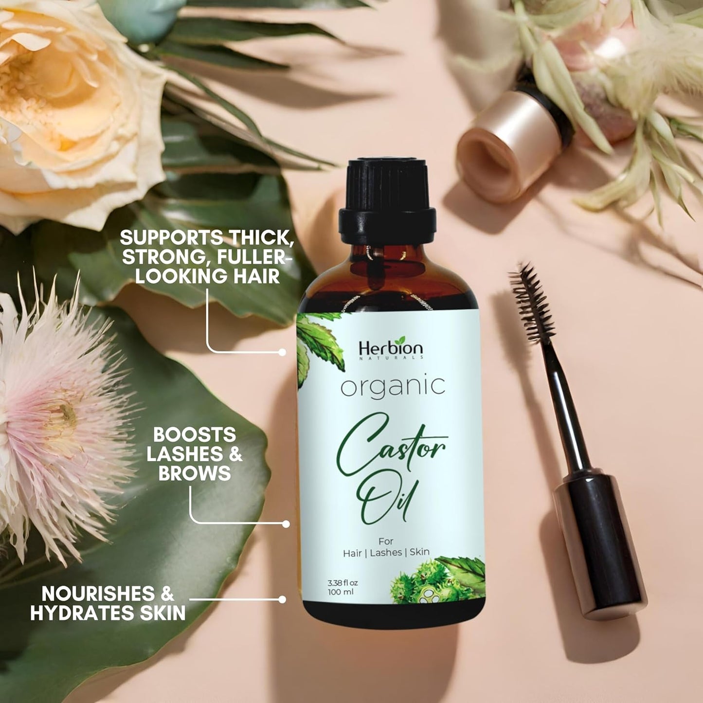 HERBION Naturals Organic Castor Oil USDA Certified, 100% Pure, Cold Pressed, Hexane-Free. Moisturizer & Hair Treatment. Glass Bottle w/Dropper, 3.38 Fl Oz