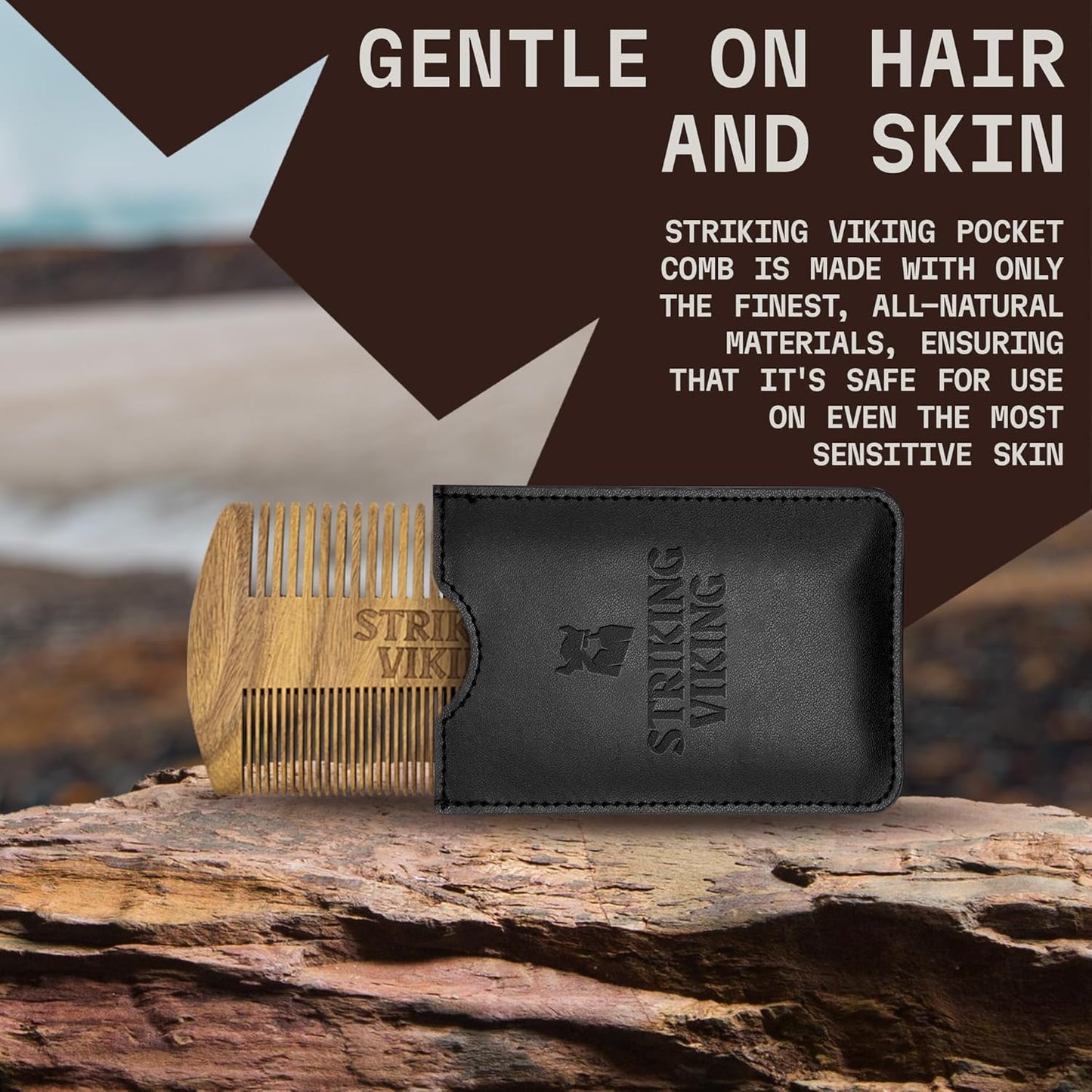 Striking Viking Sandalwood Beard and Mustache Comb Set - Pocket-Sized Wooden Comb with Fine and Coarse Teeth, Case Included - Perfect for Balms and Oils