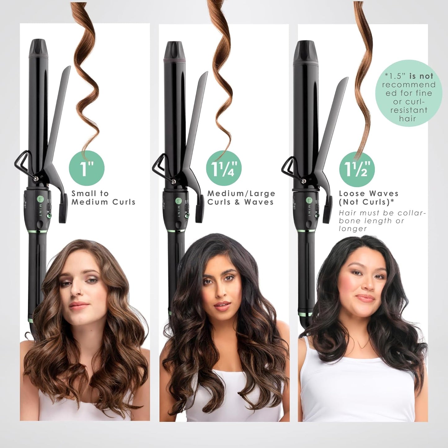 MINT Professional Extra Long Hair Curling Iron 1 1/2 inch | 2-Heater Ceramic Barrel That Stays Hot | 1.5 Inch Hair Iron Curler for Beach Waves | Travel-Ready International Dual Voltage