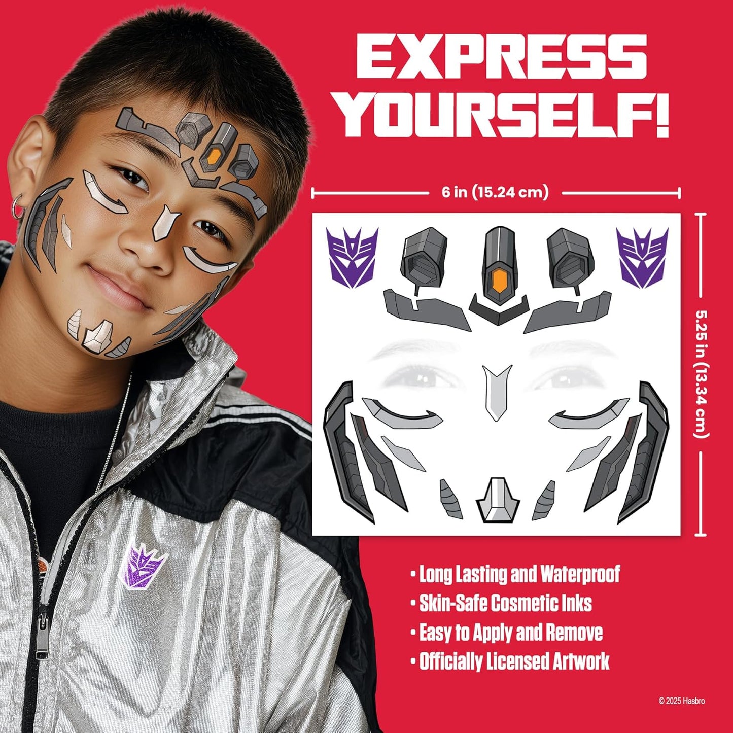Transformers Costume Face Tattoos – Temporary Tattoo Set for Kids Featuring Optimus Prime, Bumblebee & More, Easy Halloween Costume Accessory, Non-Toxic & Skin-Safe