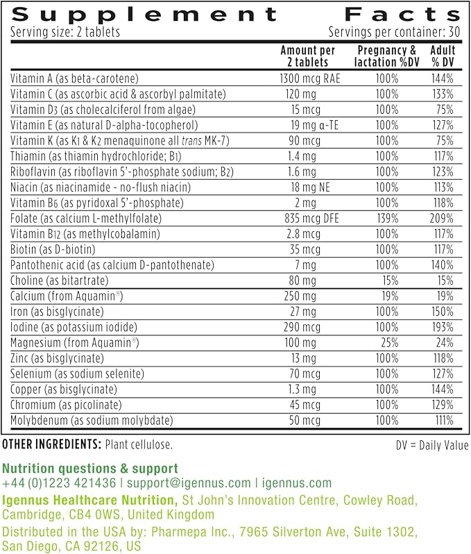 Methylated Prenatal Multivitamin, Folate for MTHFR, High Absorption, Clean Label, Gentle Iron, Choline, Natural Calcium & Magnesium, Vegan Pregnancy Vitamins, Halal, Non-GMO, 60 Tablets, by Igennus