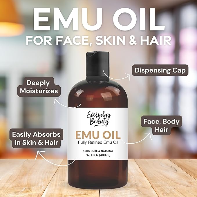 Emu Oil Bulk - 16 oz Pure & All Natural Refined Australian Emu Oil for Face, Skin and Hair - Great for Sensitive Skin and Hair Growth - For Scars and Piercings - High in Omega 3, 6 and 9 Fatty Acids