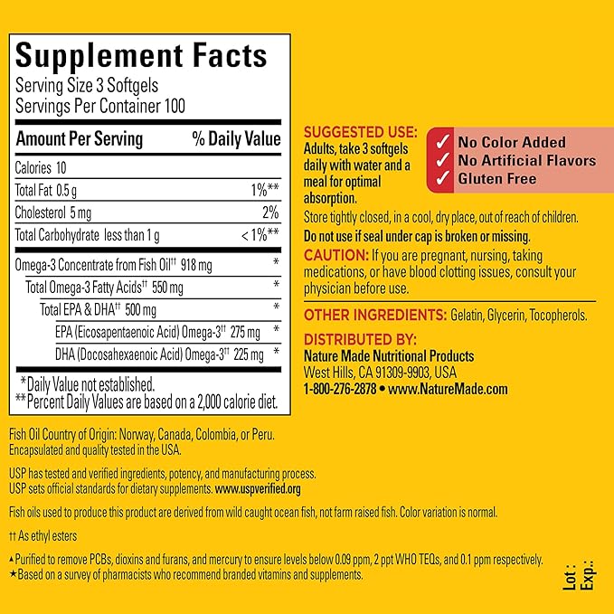 Nature Made Omega 3 Fish Oil 550 mg 3 Supplement 300 Softgels, 100 Day