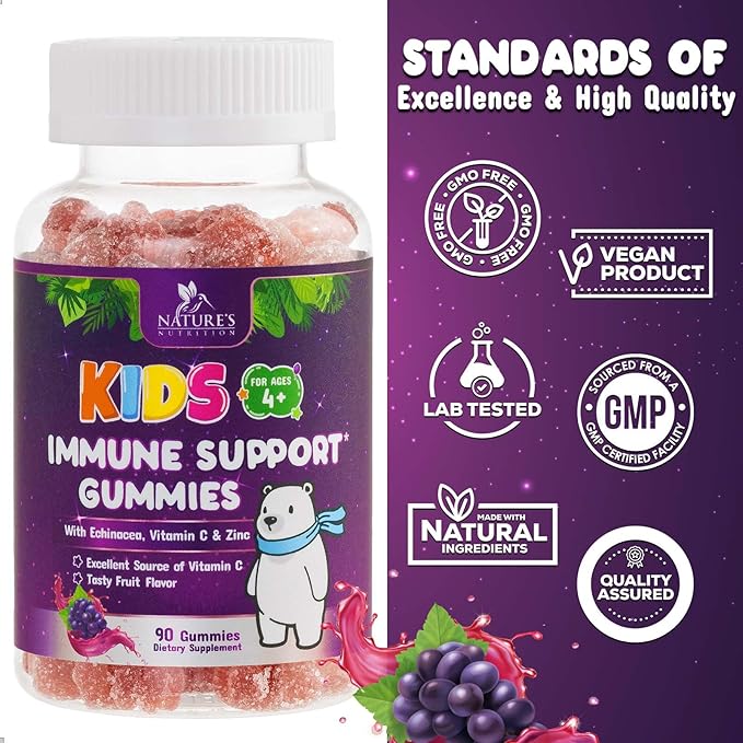 Kids Immune Support Gummy - Vitamin C, Zinc & Echinacea, Daily Children's Immune Support Gummies for Kids Ages 4 and Up, Nature's Vitamins for Kids, Vegan & Non-GMO, Natural Berry Flavor - 90 Gummies
