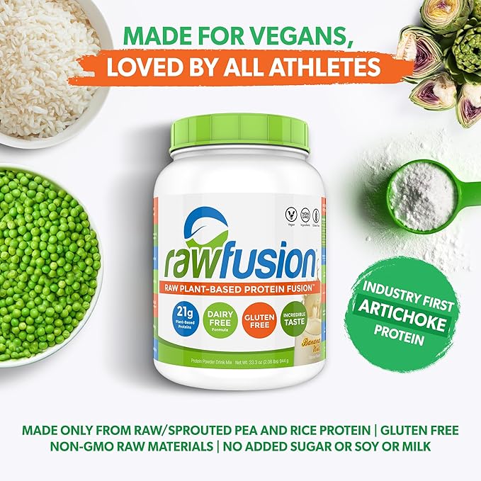 Rawfusion- Vegan Protein Powder, Banana Nut - 30 Servings, 21g of Plant Based Protein, Low Net Carbs, Non-Dairy, Gluten/ Lactose Free, Soy Free, Kosher, Non-GMO, 2lb Pound