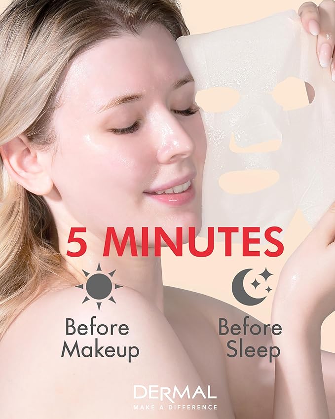 DERMAL Rose Collagen Essence Korean Facial Mask Sheet Pack of 10 - Reviving Tired Skin, Soothing & Hydrating - Hypoallergenic Skin Friendly Sheet