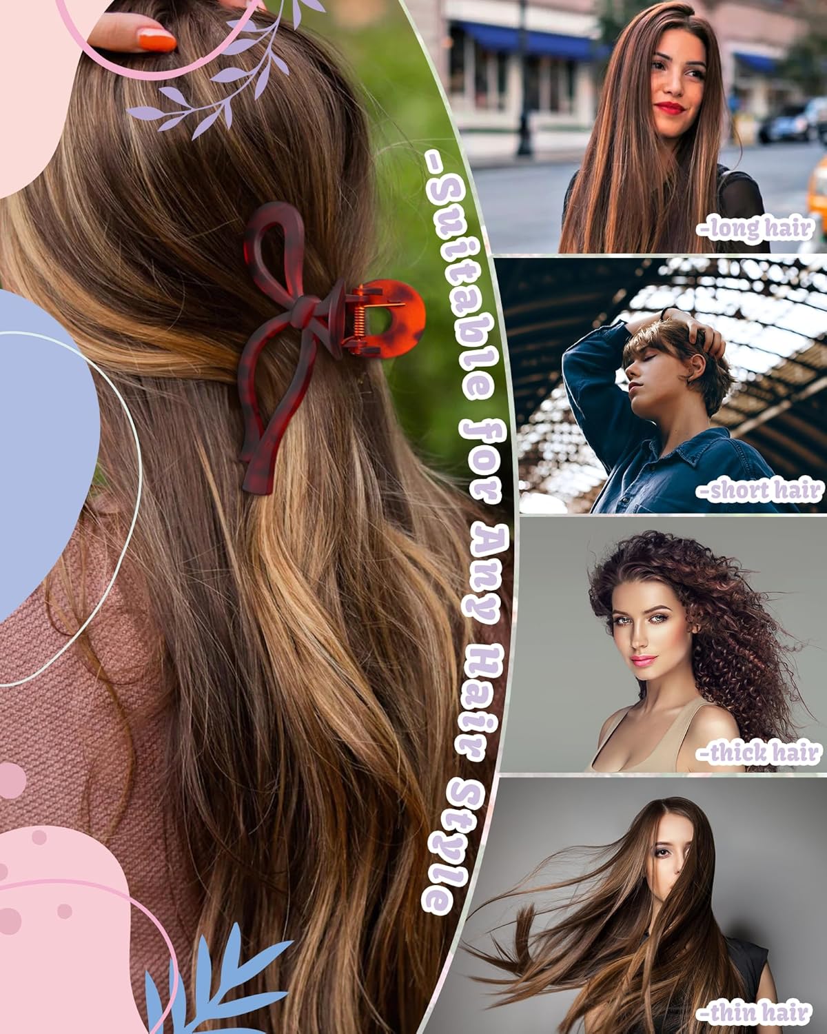 4 PCS Bow Hair Clips Bow Claw Clip for Women Nonslip Large Hair Claw Clips for Thin and Thick Hair Strong Hold Hair Bows (Black+Leopard Print (Light Brown+Dark Brown))