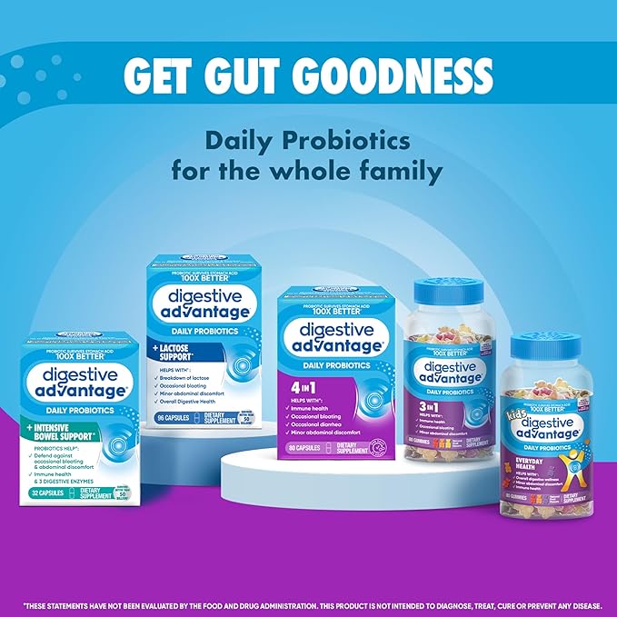 Digestive Advantage Probiotics For Digestive Health, Probiotic Gummies & Vit D, Daily Probiotics For Women &Men Occasional Bloating, Minor Abdominal Discomfort & Gut Health, 80ct Natural Fruit Flavors